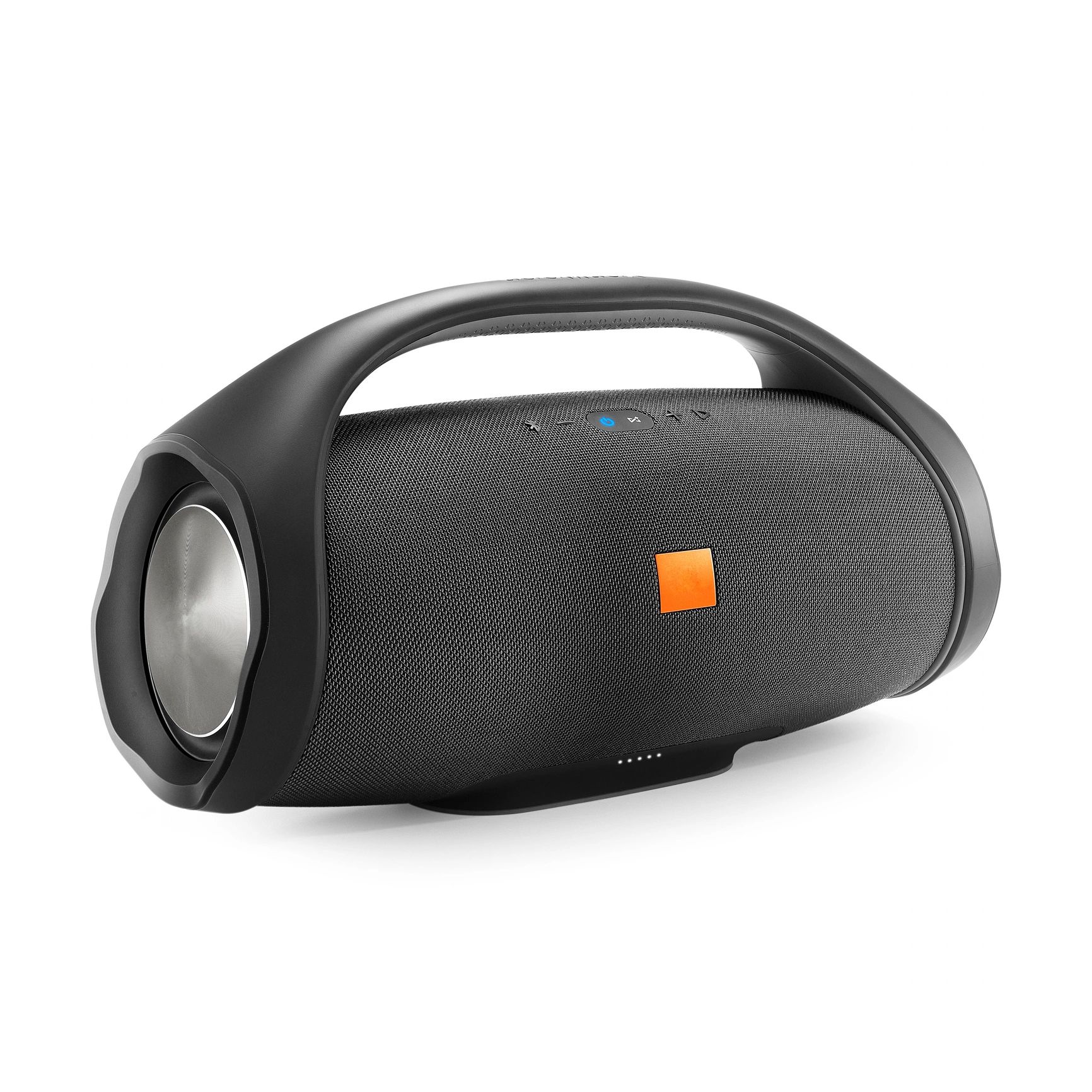 Altavoz portátil negro con diseño textil